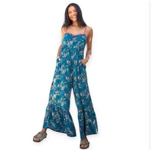 Natural Life Stephanie Boho Jumpsuit XS Turquoise Floral Wide Leg Flowy Festival